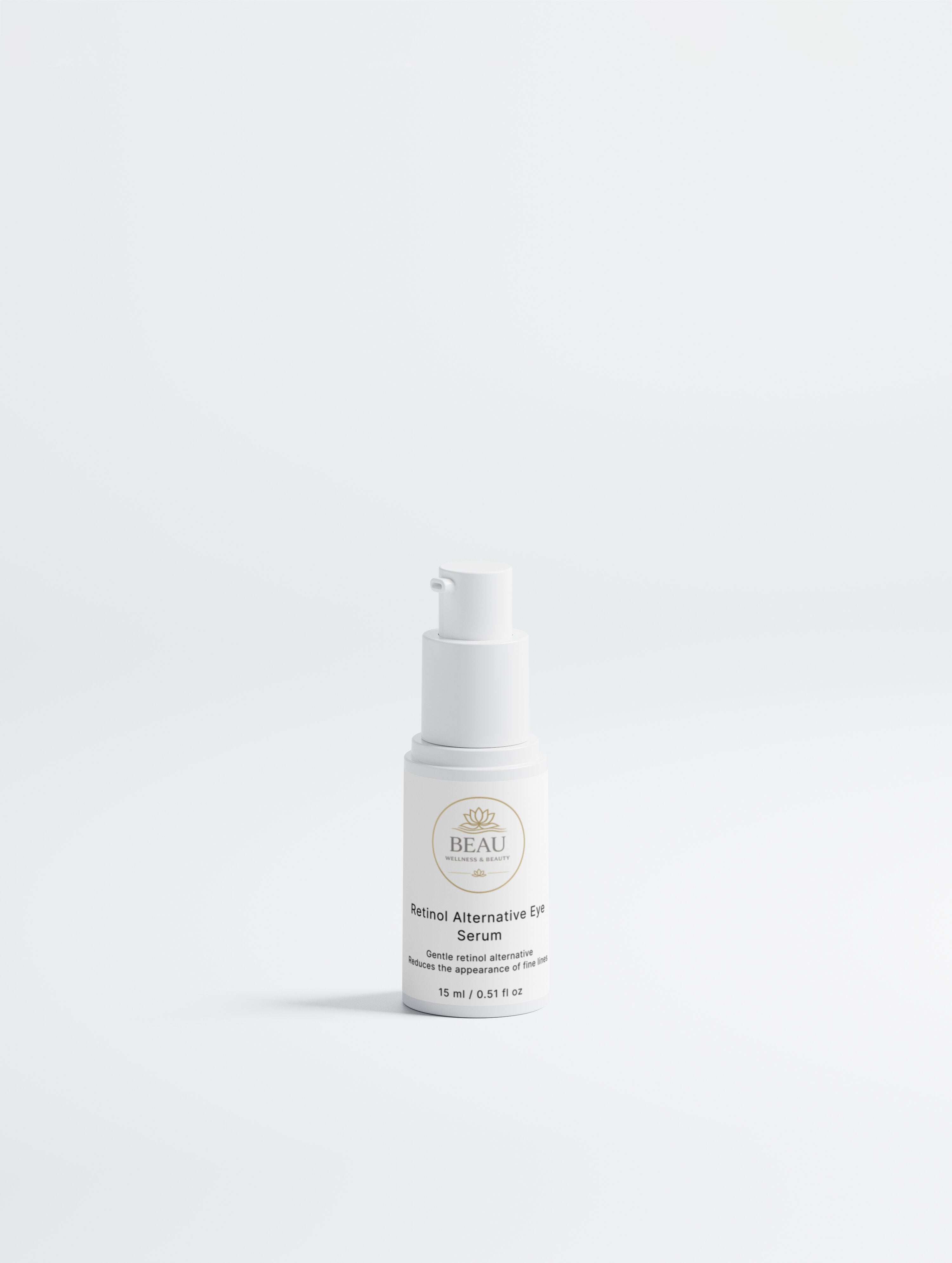 Beau Wellness & Beauty Retinol Alternative Eye Serum bottle and -Natural anti-aging eye treatment with Bidens Pilosa.