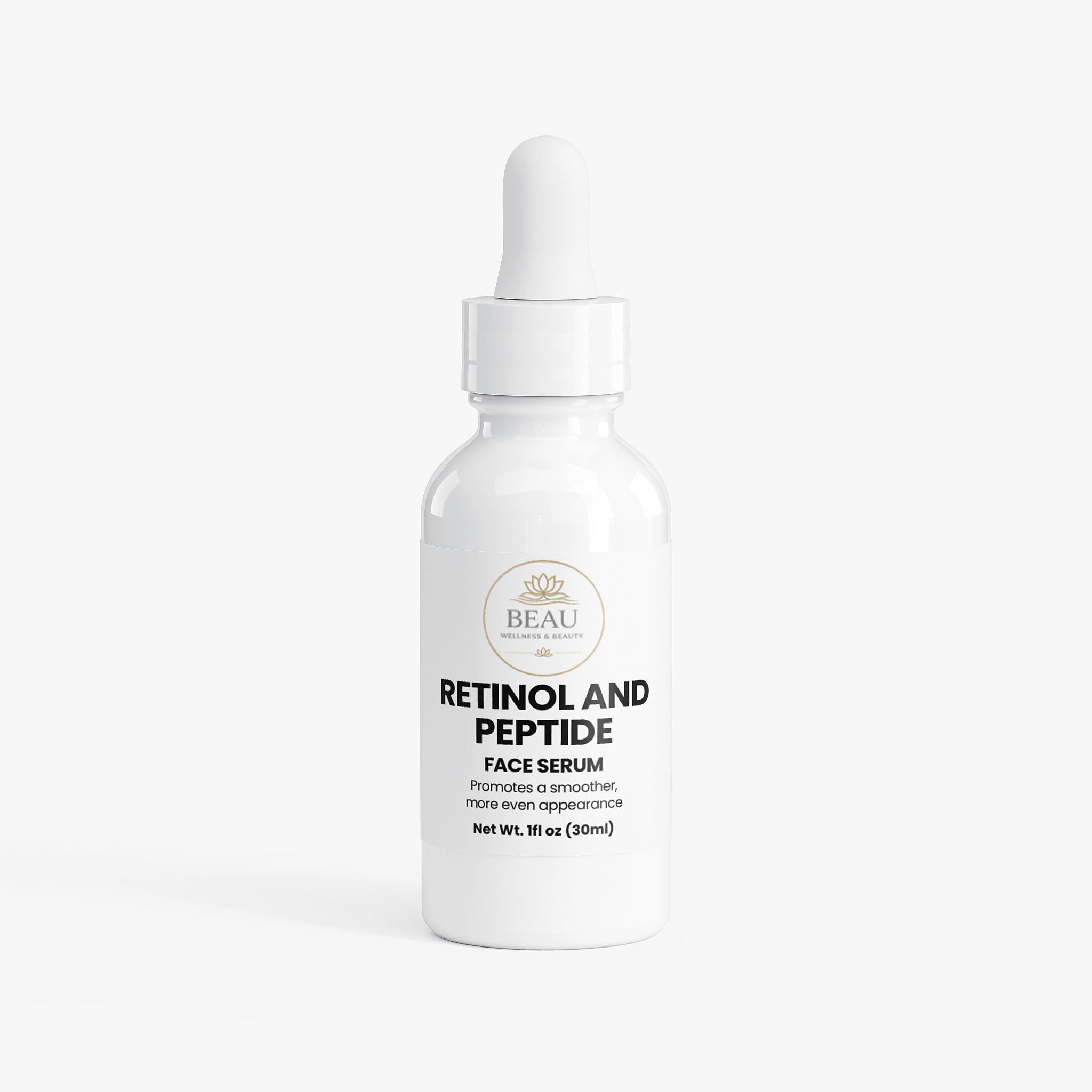 Beau Wellness & Beauty Retinol and Peptide Face Serum in a 1oz glass bottle, a vegan and alcohol-free formula for a smoother, more even skin appearance.
