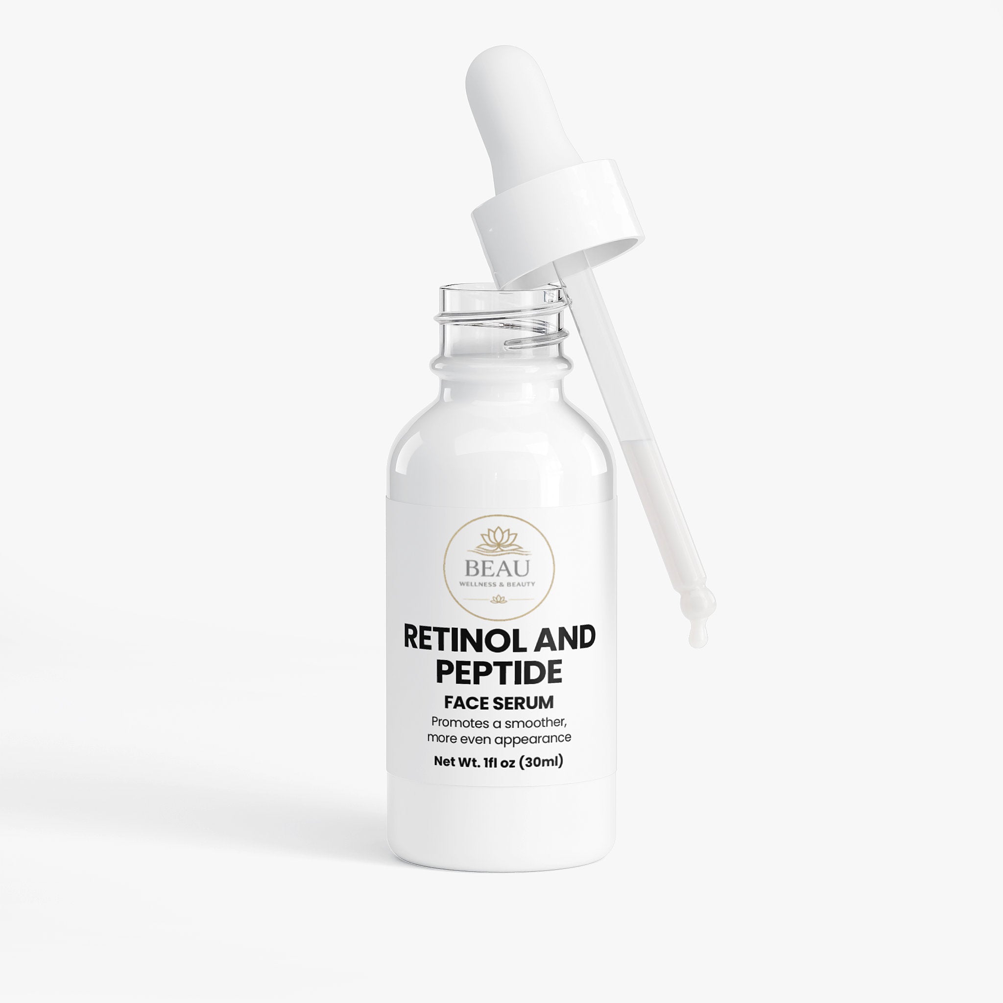 Beau Wellness & Beauty Retinol and Peptide Face Serum in a 1oz glass bottle, a vegan and alcohol-free formula for a smoother, more even skin appearance.
