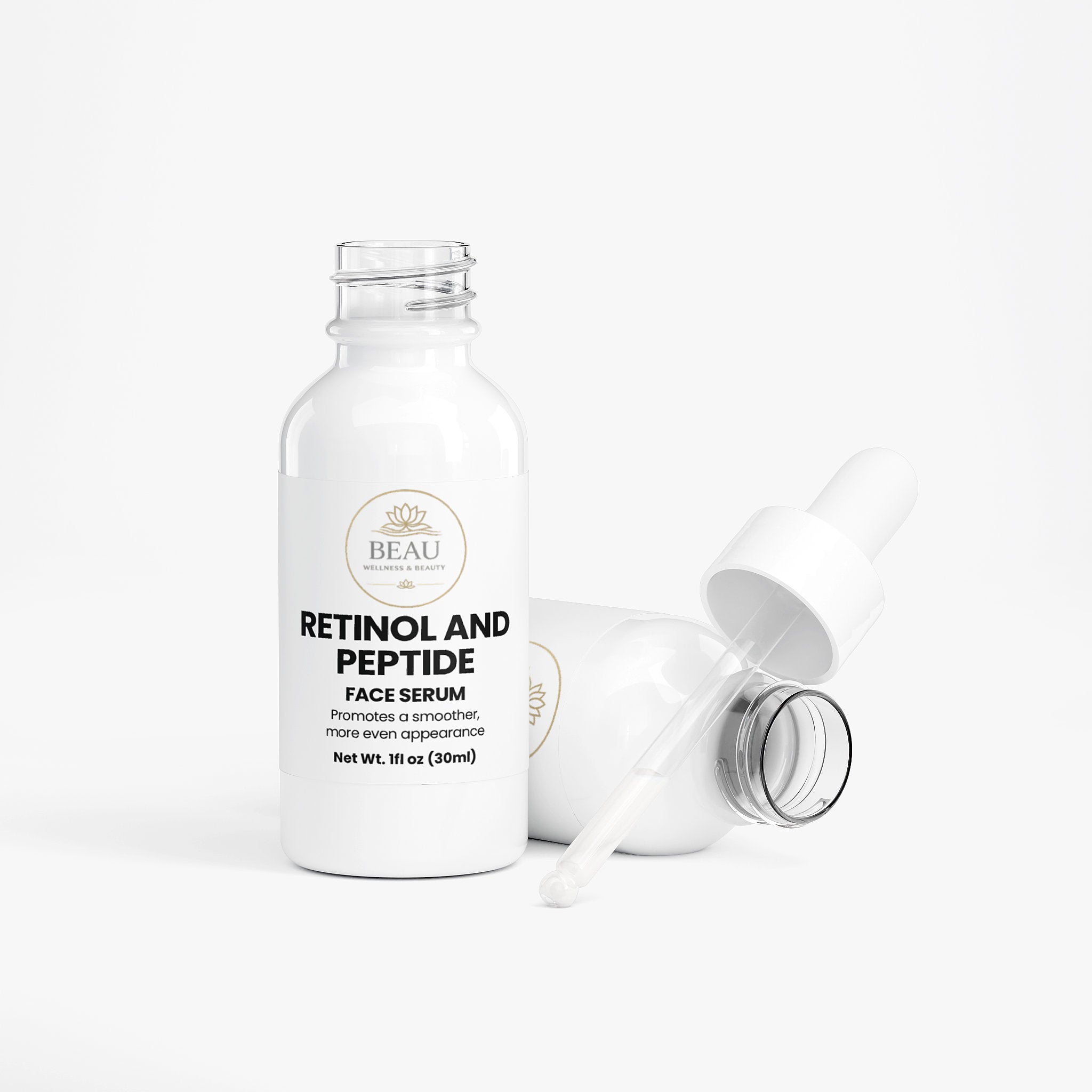 Detailed view of the Retinol and Peptide Face Serum bottle showing the dropper applicator and "Beau Wellness & Beauty branding.
