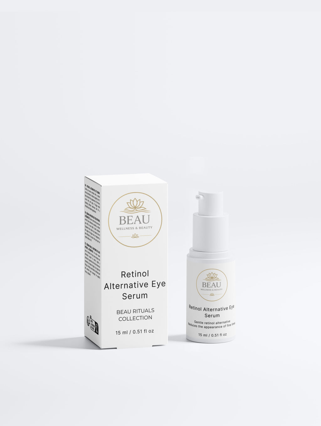 Beau Wellness & Beauty Retinol Alternative Eye Serum bottle and box – Natural anti-aging eye treatment with Bidens Pilosa.