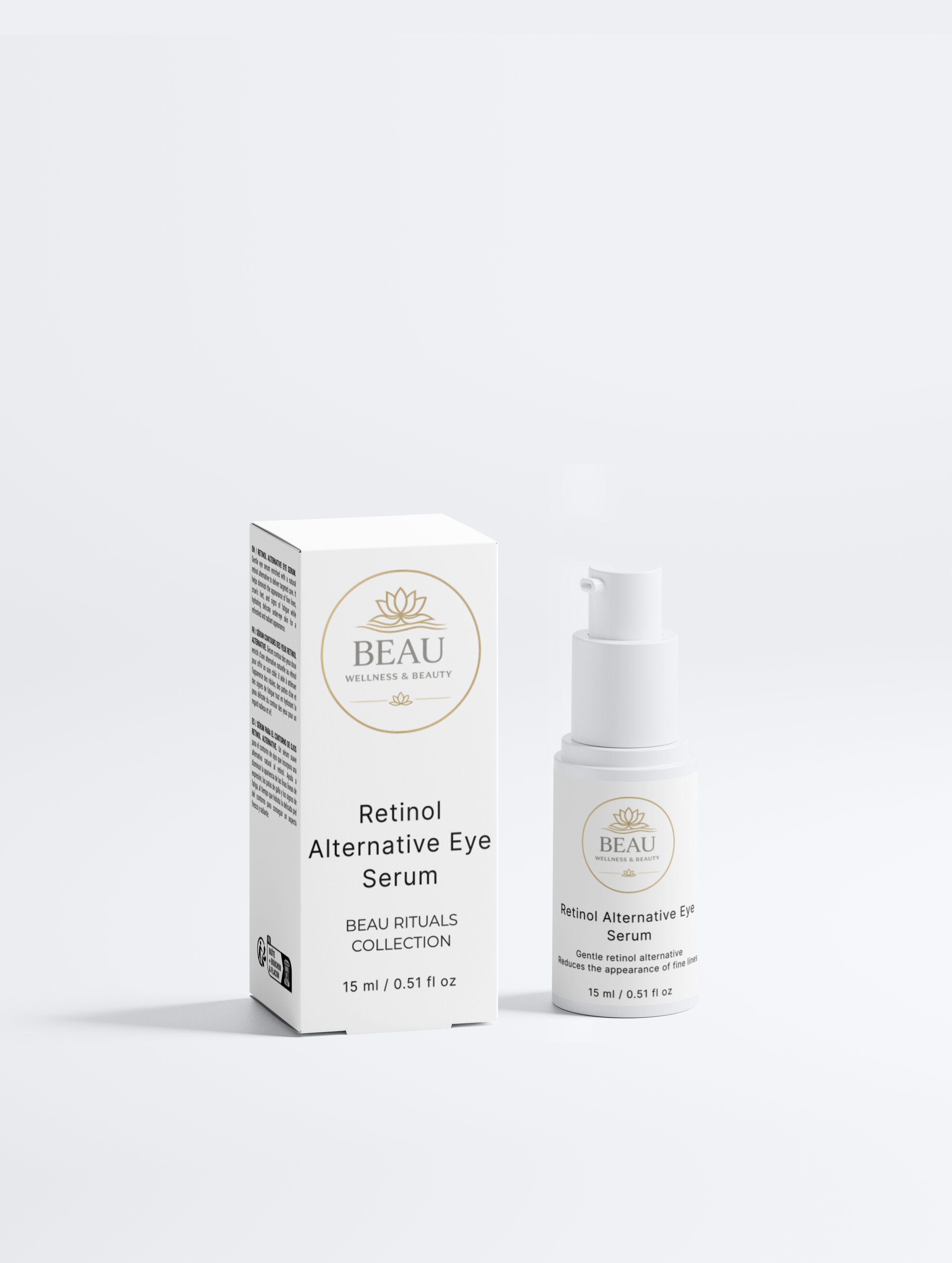 Beau Wellness & Beauty Retinol Alternative Eye Serum bottle and box – Natural anti-aging eye treatment with Bidens Pilosa.