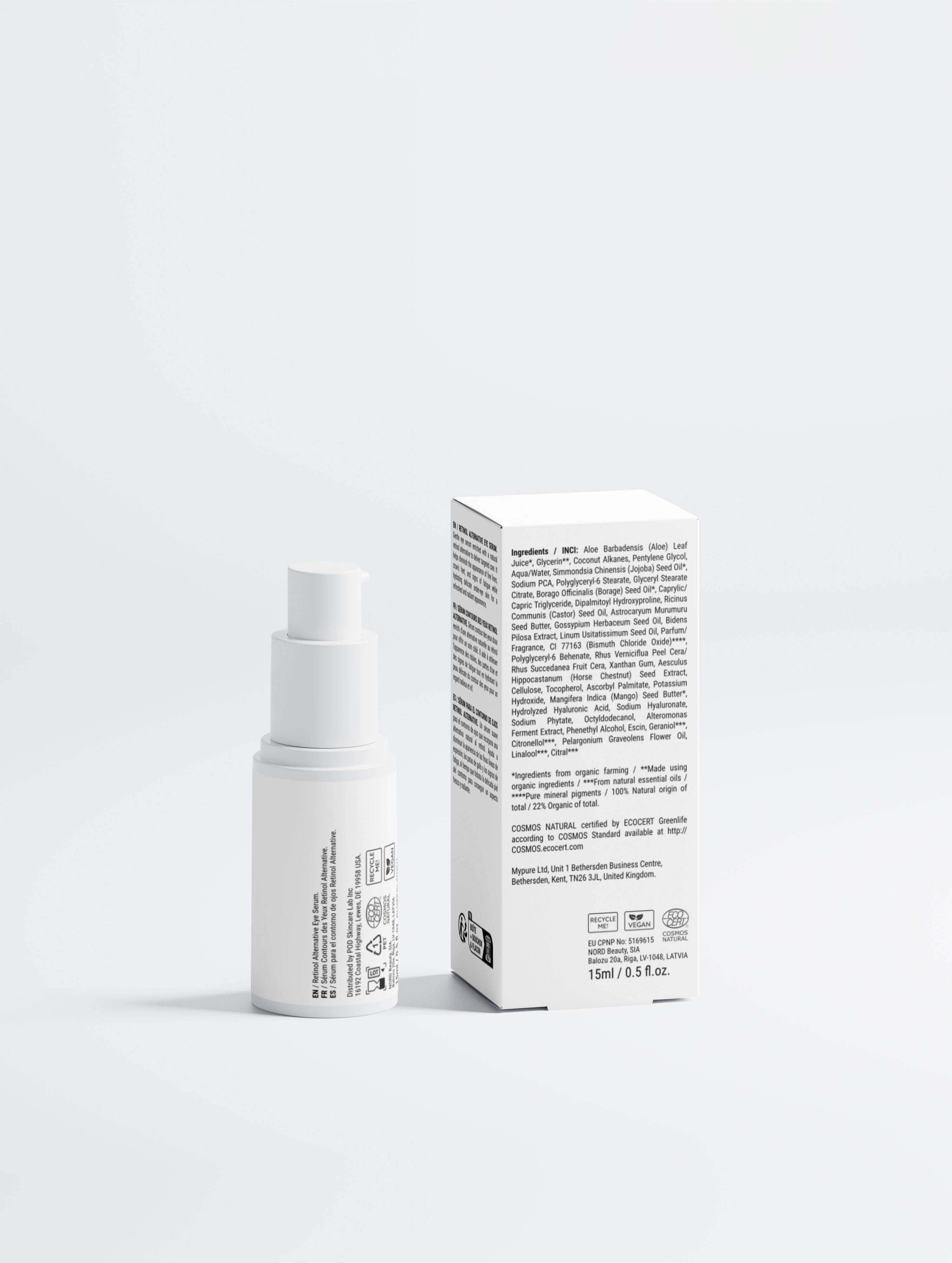 Beau Wellness & Beauty Retinol Alternative Eye Serum bottle and box – Natural anti-aging eye treatment with Bidens Pilosa.
