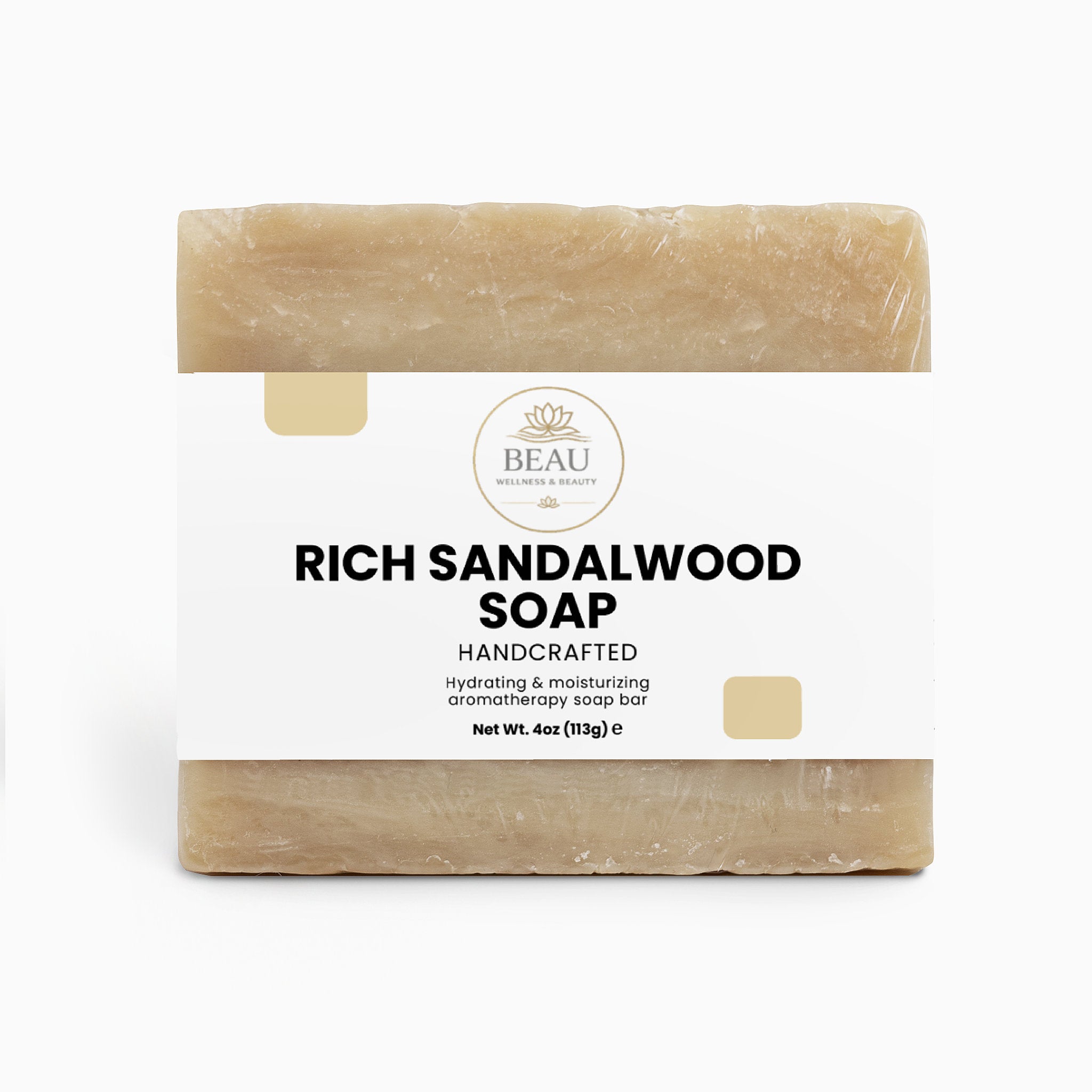 Bar of Rich Sandalwood handcrafted Soap with 'BEAU' branding on a white background