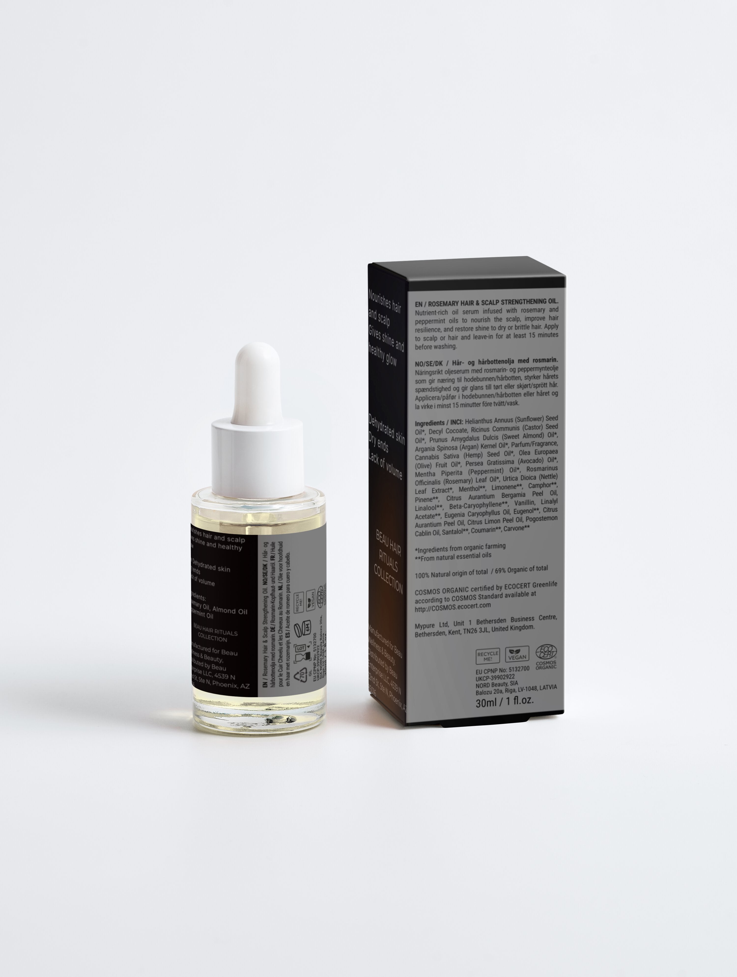 Beau Wellness & Beauty Rosemary Hair and Scalp Strengthening Oil in a clear glass dropper bottle next to its luxury black and gold branded packaging back ingredients view.