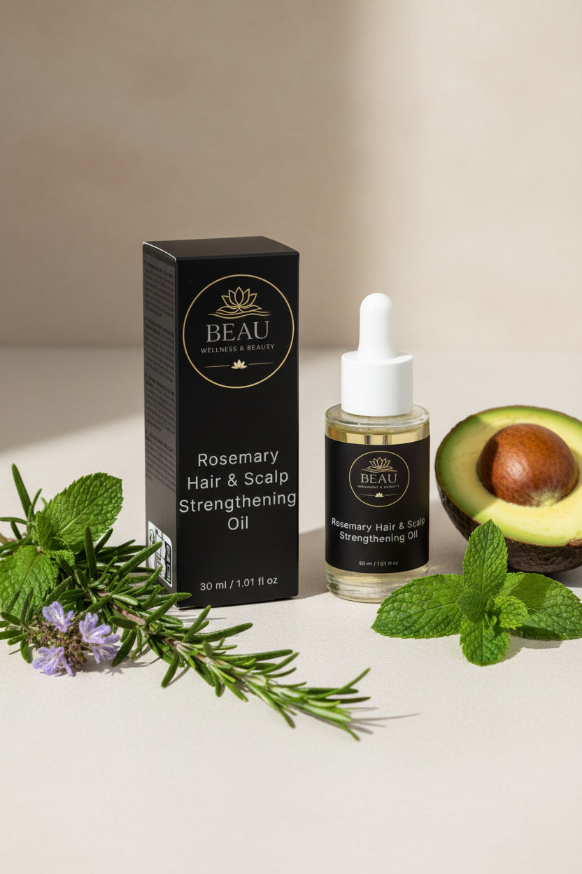 Beau Wellness & Beauty Rosemary Hair & Scalp Strengthening Oil with box and rosemary leaves and peppermint leaves and a half of avocado.
