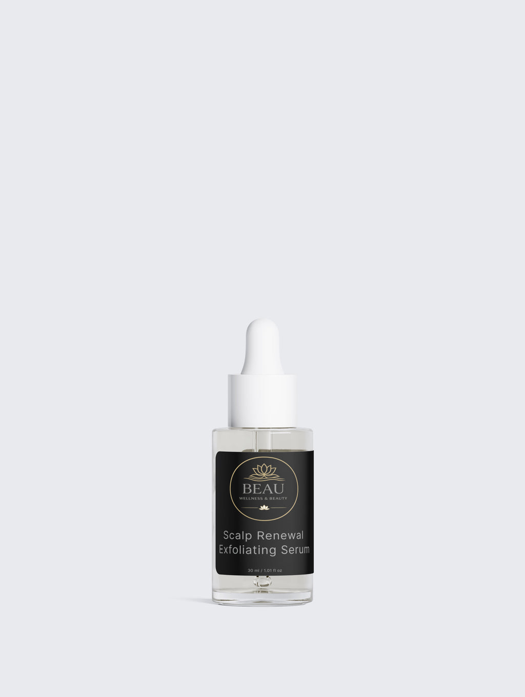 A small clear dropper bottle of BEAU Scalp Renewal Exfoliating Serum with a black label and white dropper cap, centered on a light gray background.