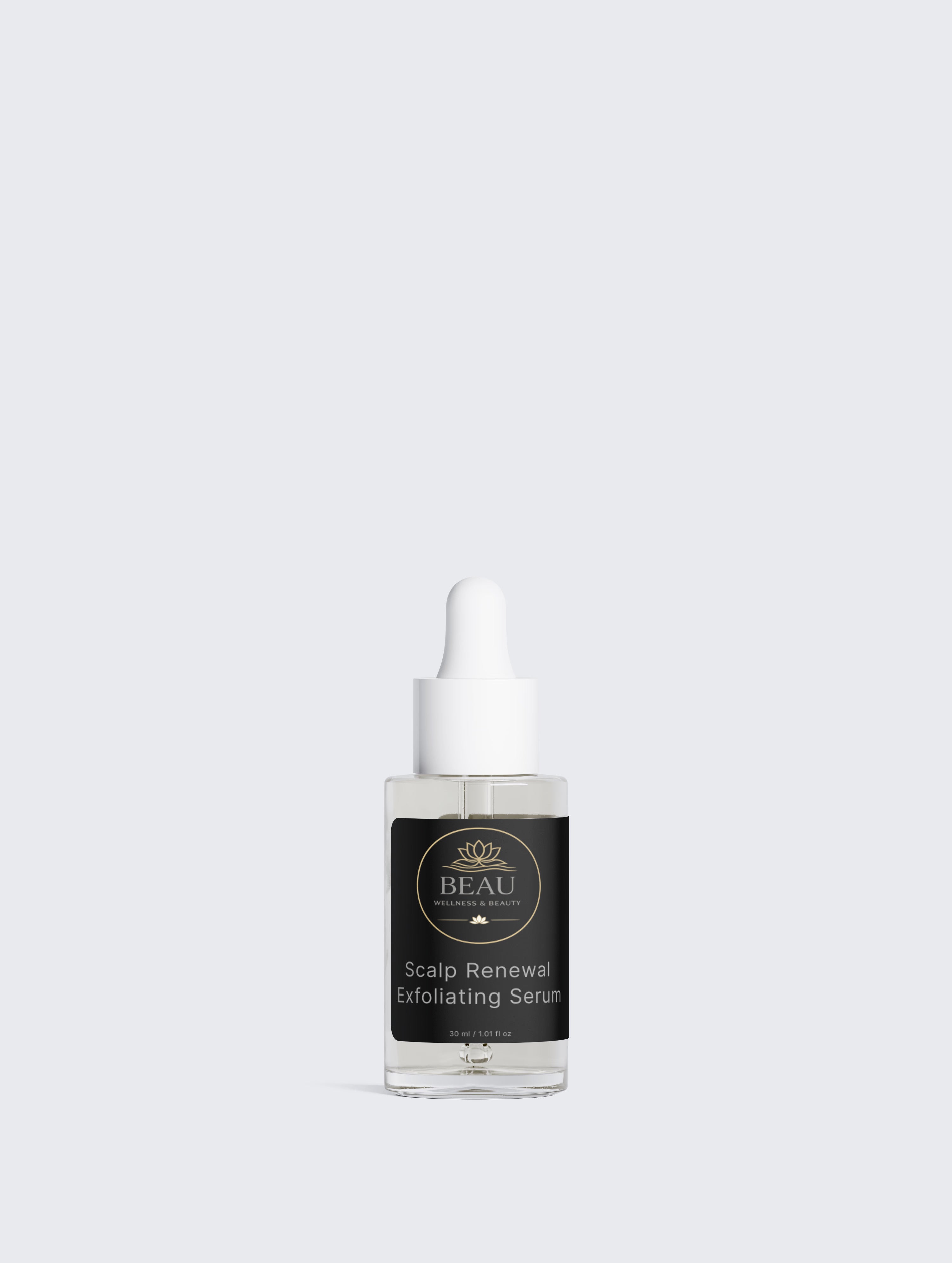 A small clear dropper bottle of BEAU Scalp Renewal Exfoliating Serum with a black label and white dropper cap, centered on a light gray background.