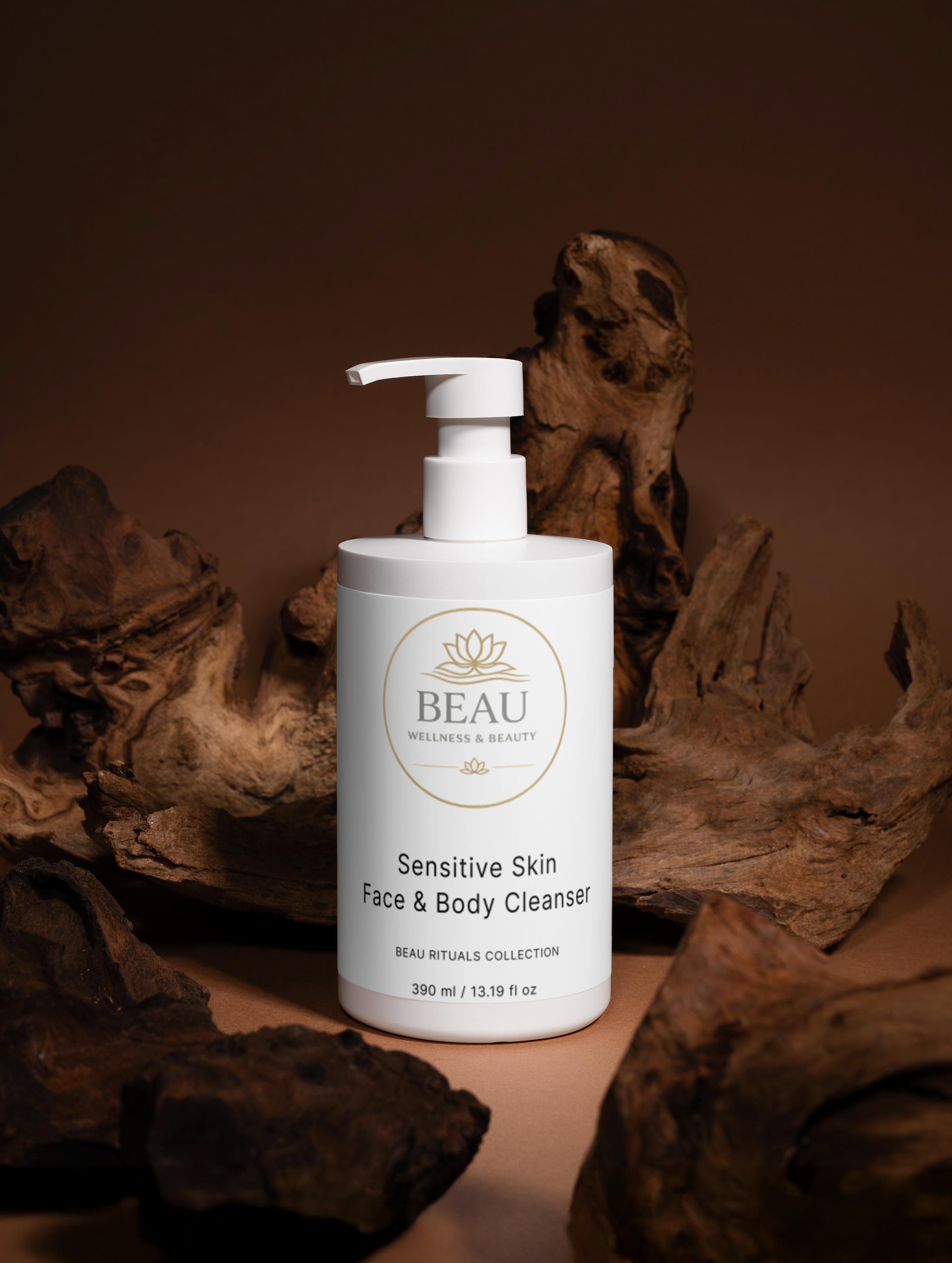 Beau Wellness & Beauty sensitive skin face & Body cleanser pump bottle on a brown background