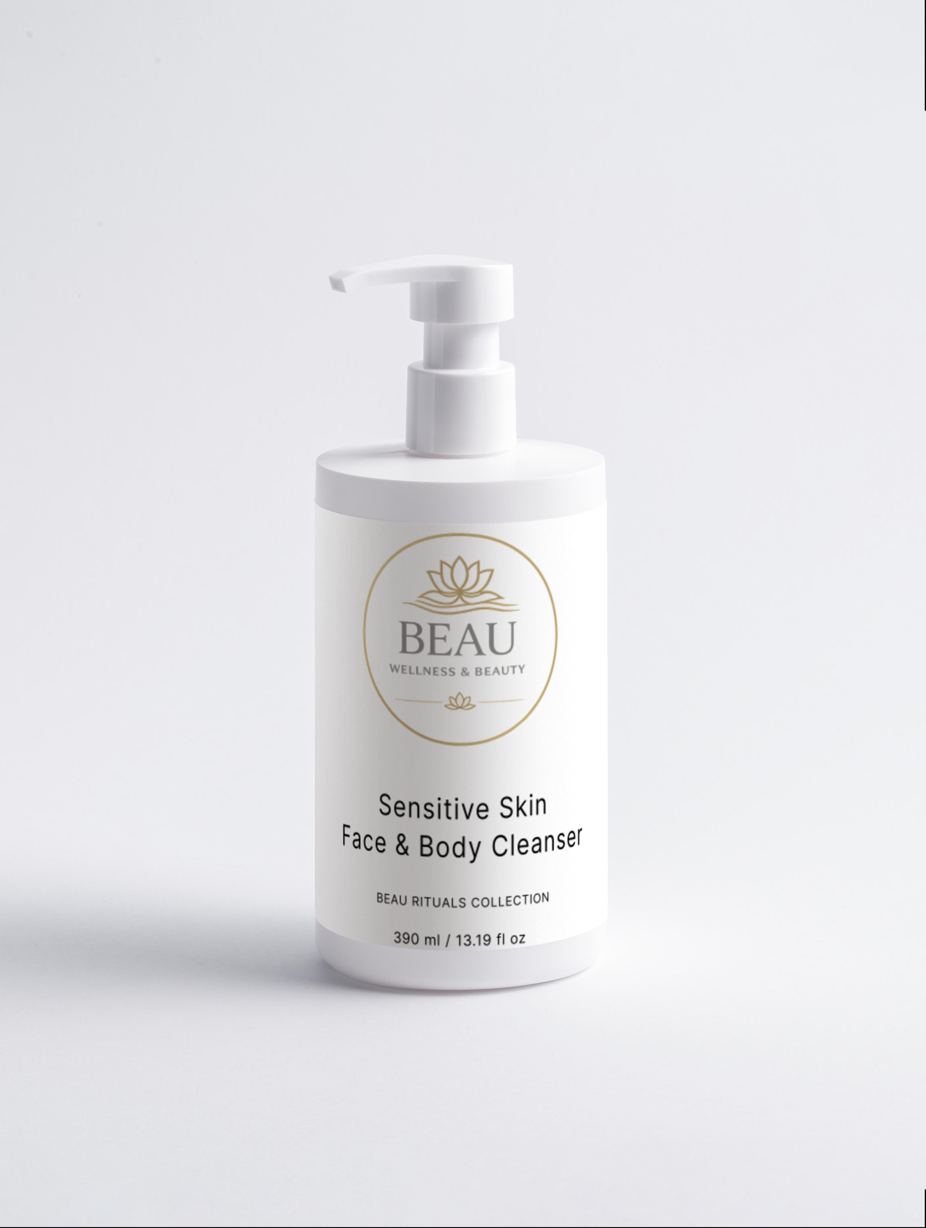sensitive skin face and body cleanser pump bottle on a light gray background