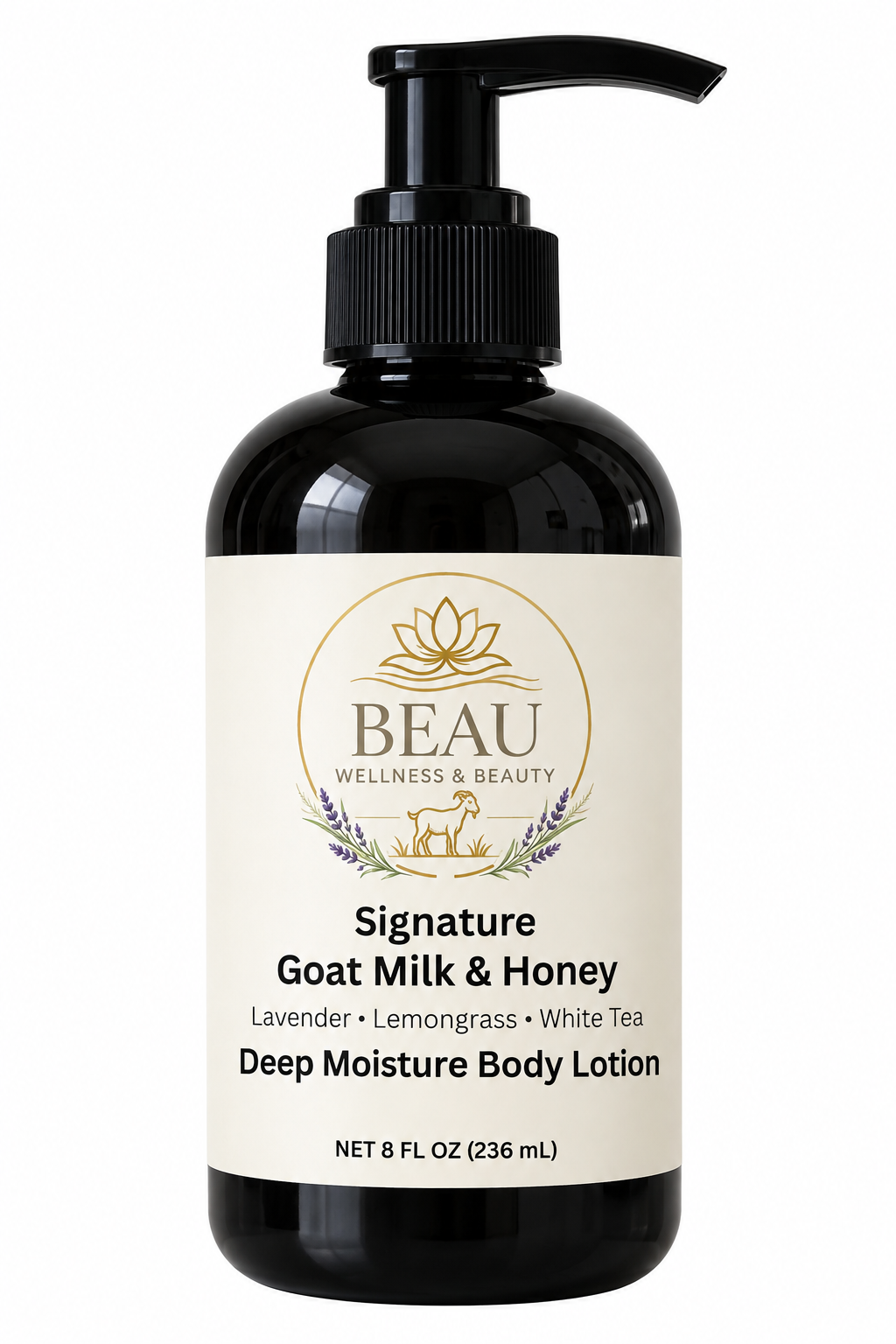 A black pump bottle of BEAU Wellness & Beauty Signature Goat Milk & Honey Deep Moisture Body Lotion on a plain white background.