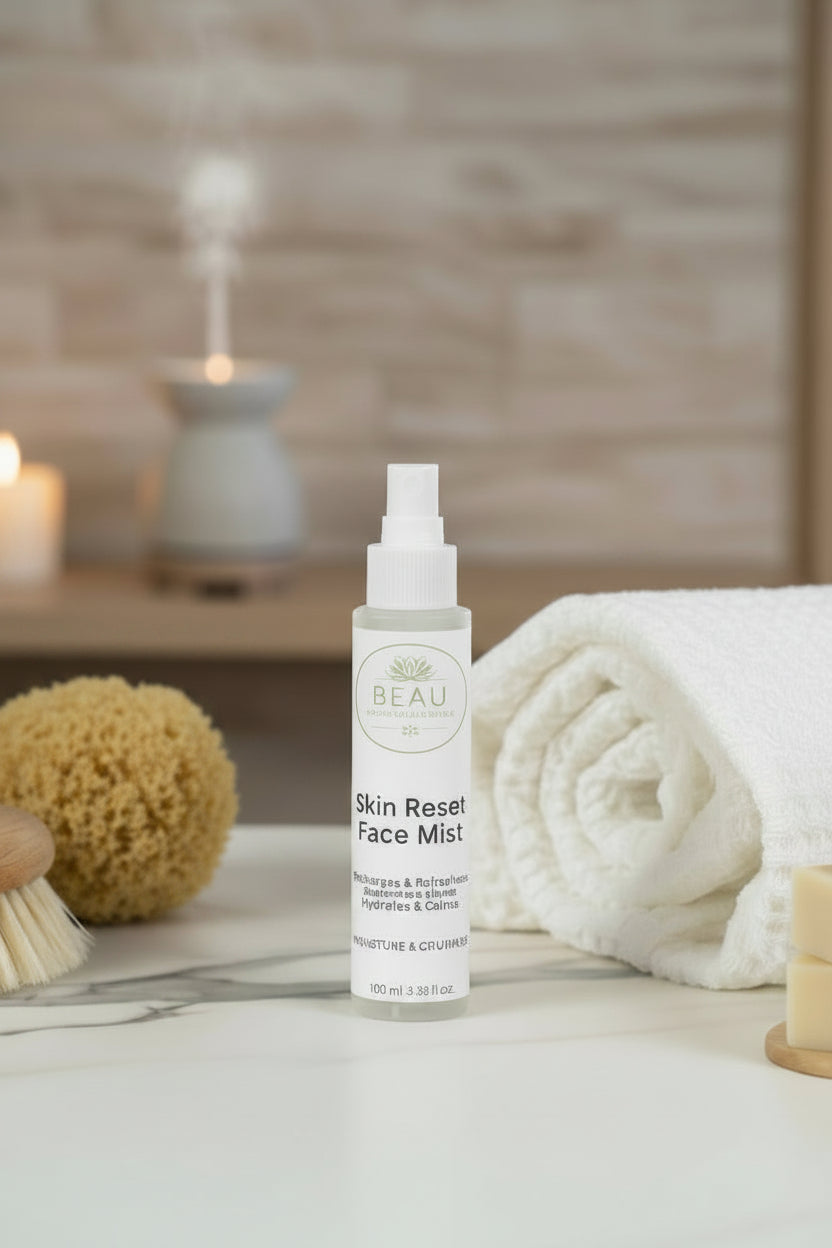 Bottle of skin rest face mist on a bathroom counter with a towel, soap, and scrubber in the background.
