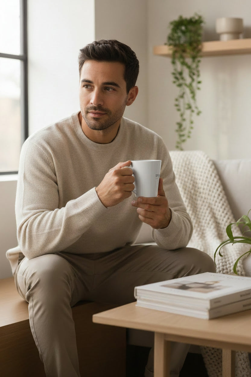 A man sitting in a bright, modern room relaxation space, smiling while holding the white Beau House ceramic mug during a slow morning ritual.⁠
