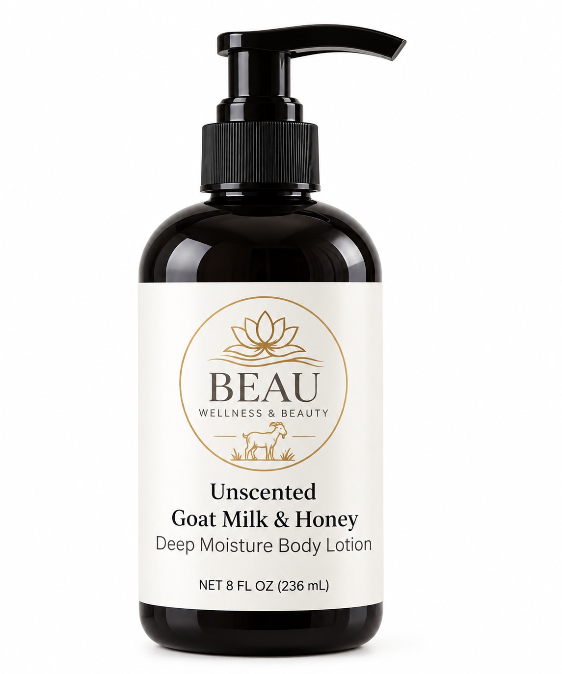 A 8 fl oz pump bottle of BEAU Wellness & Beauty Unscented Goat Milk & Honey Deep Moisture Body Lotion. The bottle is made of dark amber glass with a black pump dispenser and a white label featuring gold and black text.