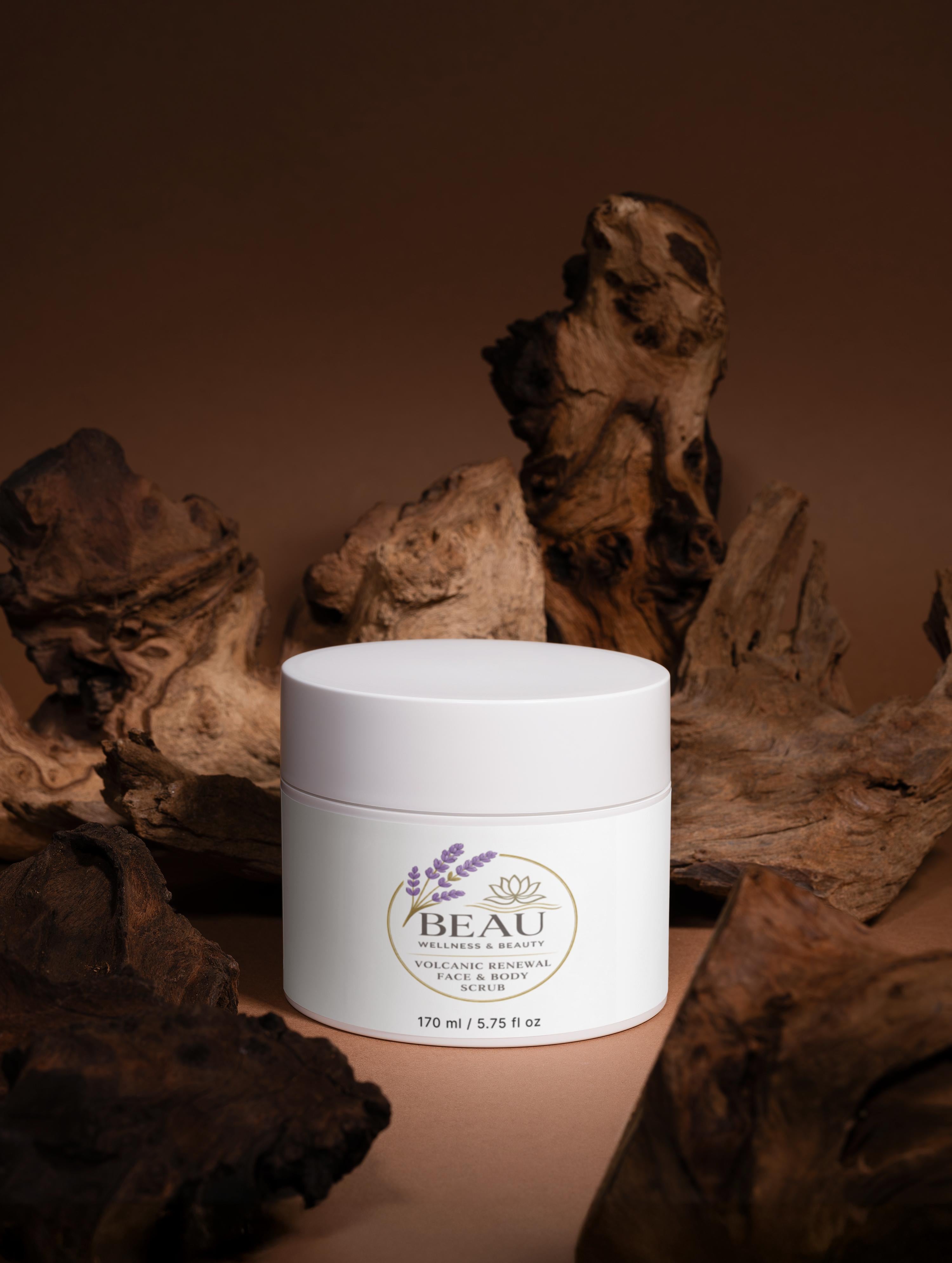 Volcanic Renewal Face & Body Scrub with Beau Wellness & Beauty logo in wooded background