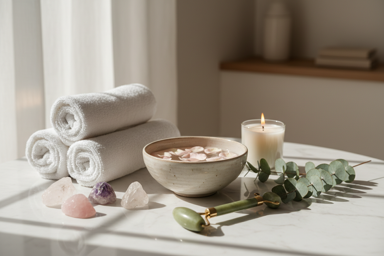 Relaxation setup with towels, bowl, candle, and crystals on a table.